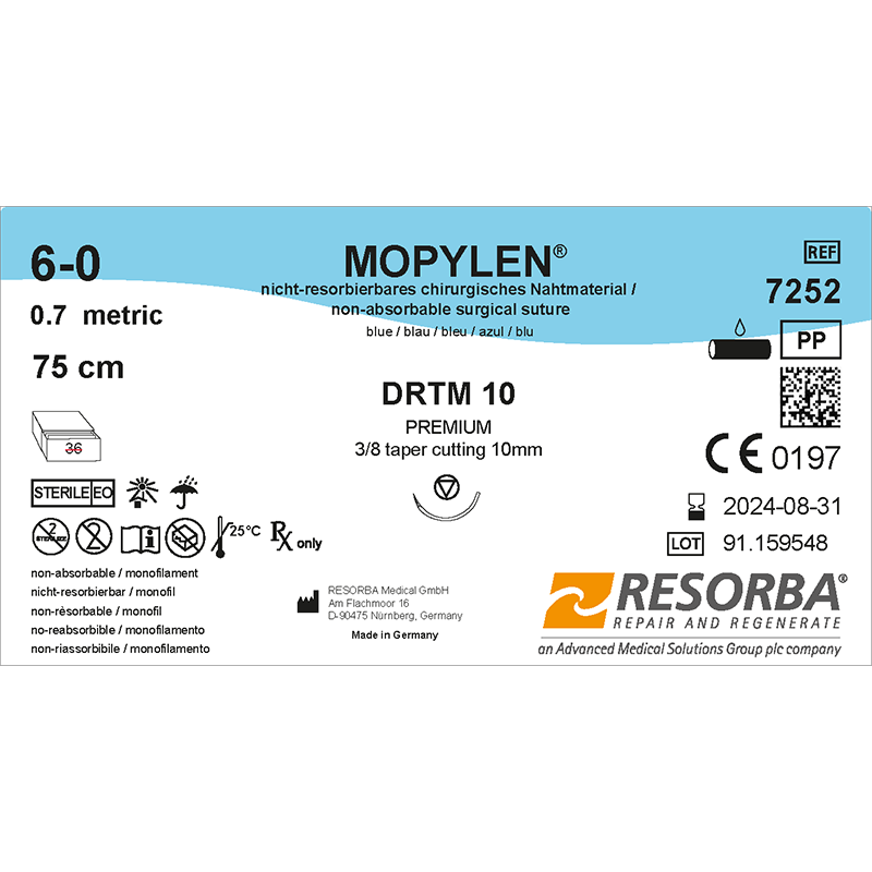 Мопілен USP6-0 синій 75см, колюча голка з ріж.вістрям 10мм типу преміум, 3/8кола